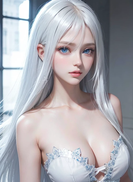 beautiful anime girl, long bluish white hair. blue eyes. big tits and pink nipples. not wearing underwear