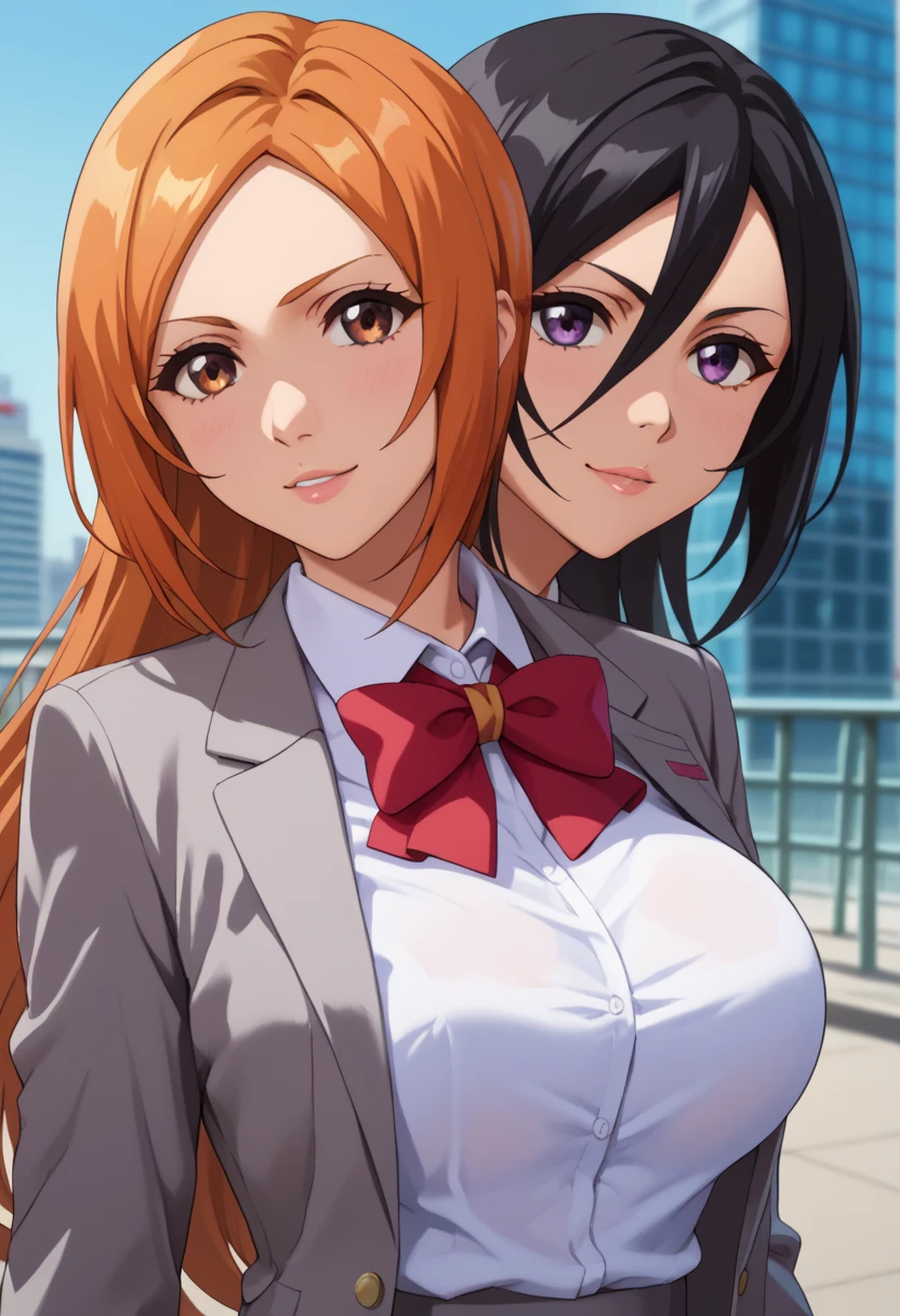 score_9_up, score_8_up, score_7_up,score_6_up, score_5_up, score_4_up, ,1 girls, solo, twoheads, 2heads, conjoined, ((2 different hairstyles)), ((SPLIT-COLOR HAIR)), inoue orihime, long hair, orange hair, brown eyes,
rukia kuchiki, black hair, hair between eyes, purple eyes, short hair,
skirt, bow, school uniform, jacket, blazer, grey jacket, large breasts, school uniform, blazer, grey blazer, shirt, white shirt, collared shirt, bowtie, red bowtie, flirting, cowboy shot, city background