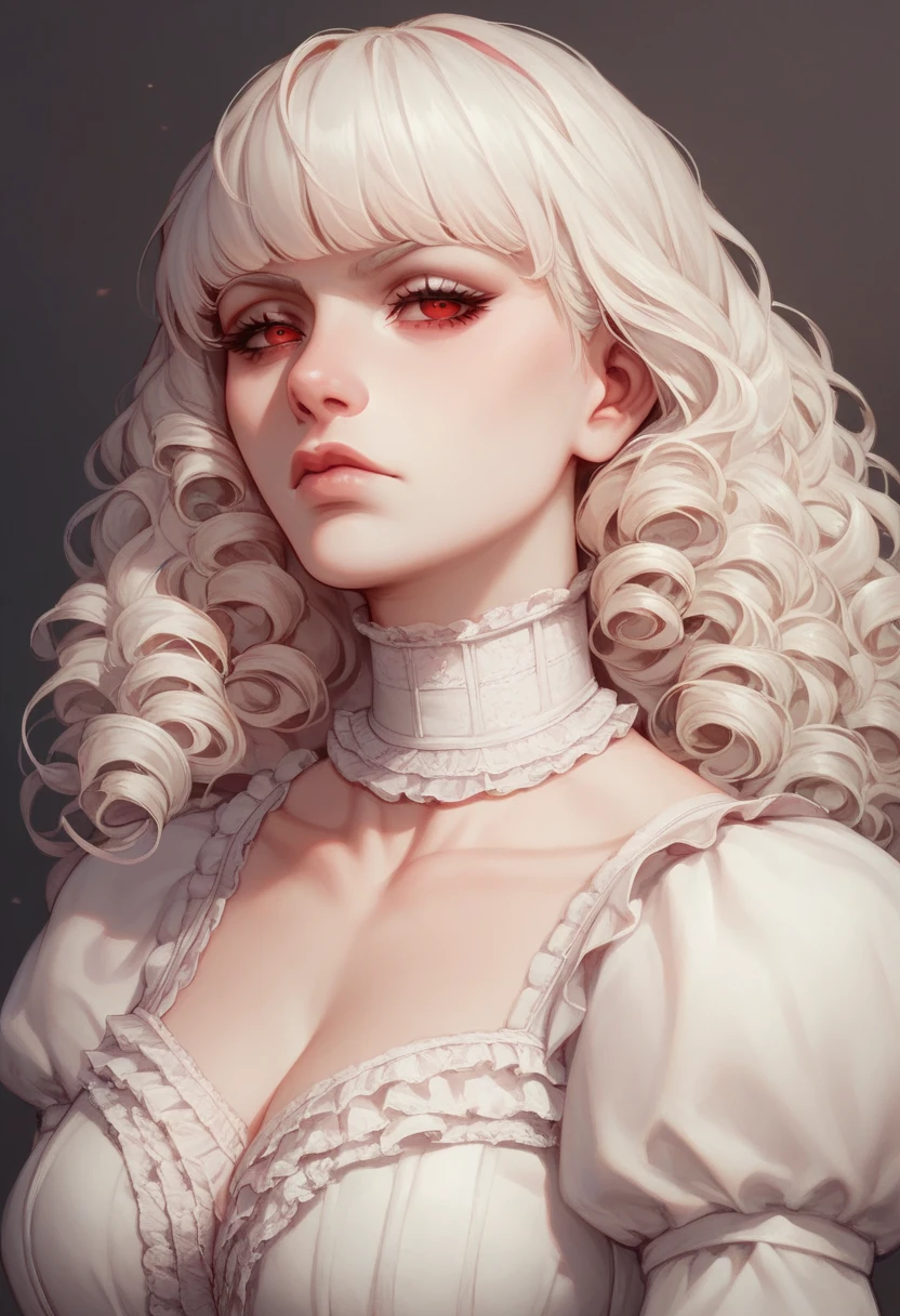 a woman, albino, curly to wavy hair, bangs, red eye color, Victorian nightgown, serious face, {{well-made details}} {{house setting}}