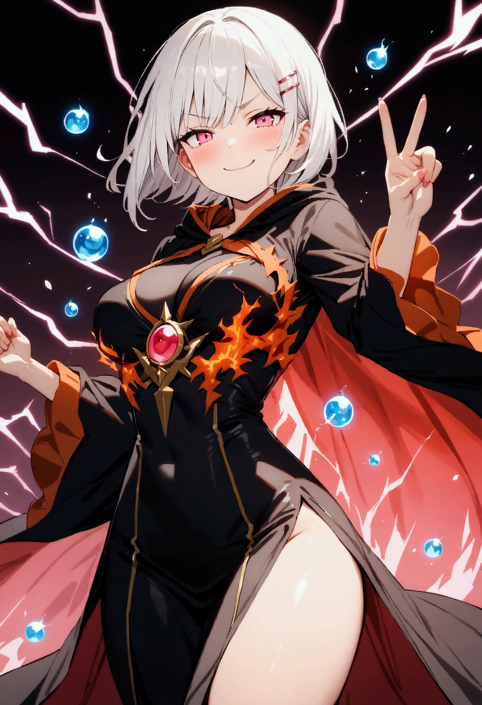 1 girl、Silver short hair、Red hollow eyes、Fantasy、witch、Green clothes、Aggressive design、Cape、Yellow decoration、accessories、Villain、(Magical Items)、whole body、in the forest、Wind Magic、((Fall into Darkness))