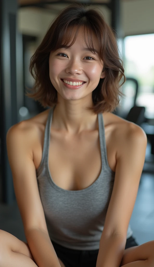 Age 35、woman brown hair 、cute 、Japanese 、Photo from the waist up Like taking a selfie Medium Hair Natural smile F cup bust Showing off cleavage Photo taken from an angle sports gym