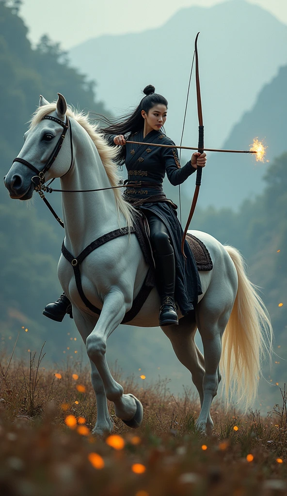 Traditional Chinese women,Beautiful girl ,Ride a white war horse,Martial Arts, Black Dress ,Enrollment bow and arrow shooting position, , Mountain,war,Epic Style,mystery,fire,forest, Fighter