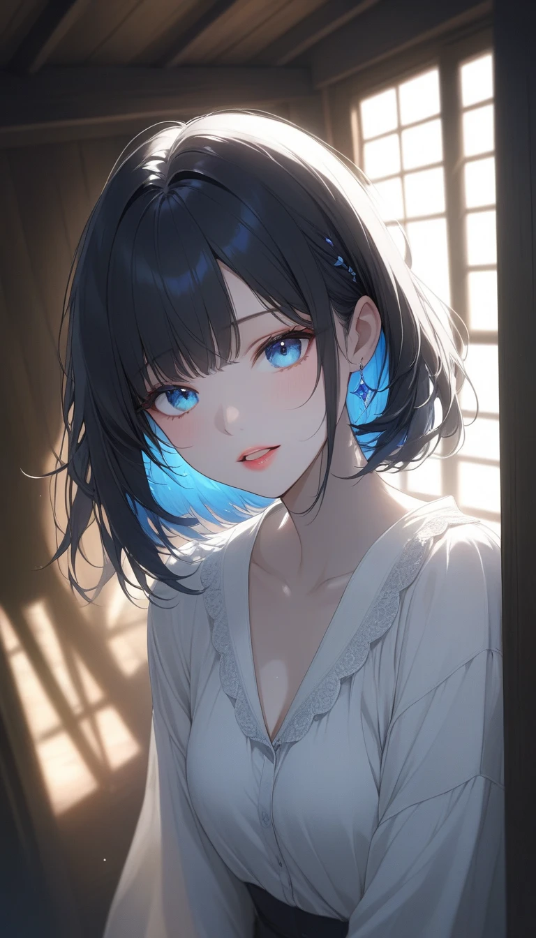 best quality, masterpiece, Ultra-high resolution, (Reality:1.5), RAW photos, 1 Girl, Off-shoulder, in the darkness, Deep Shadows, Low profile, Cold Light, Sexy look, short hair,xxmixgirl,Inlet, Half-length photo,National Foundation