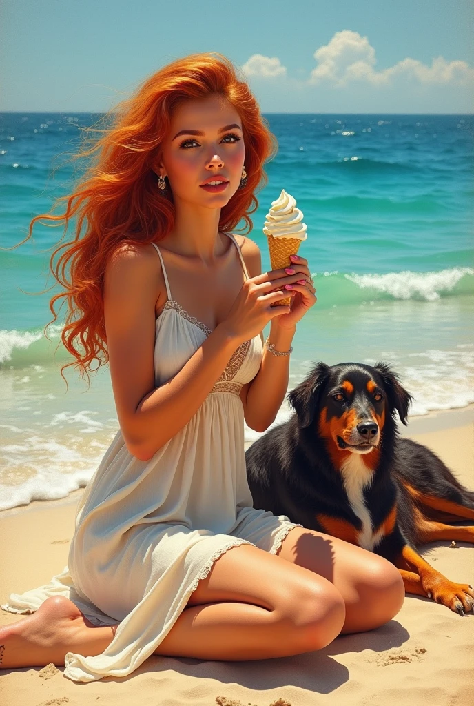 NSFW, against the background of the beach, A large Labrador retriever lies on top of a beautiful red-haired girl and licks her muzzle.