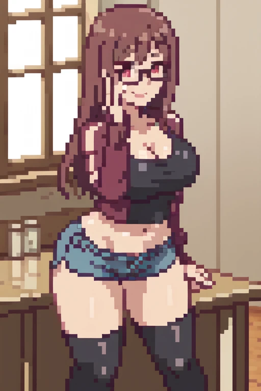 girl with bored expression, large round black glasses, stubby nose, large round eyes, cute, pink lips spots on skin, blush, dark eyeliner, large blue eyes, (brunette wavy hair), individual wild hair strands over face, super wide hips, ((anatomically correct)), nerdy, flat nose, round lips, raised eyebrow, small short braids in hair with colorful bangles, (gamer tattoo on neck), (tattoo on lower abdomenpupic), ((fluffy pubic hair)), chubby, small breasts, ((nude)), (barefoot), sitting on wooden bench in gym changing room, white concrete walls, metal gym lockers, ((exaggerated wide open mouth grin), (taken from bottom)
