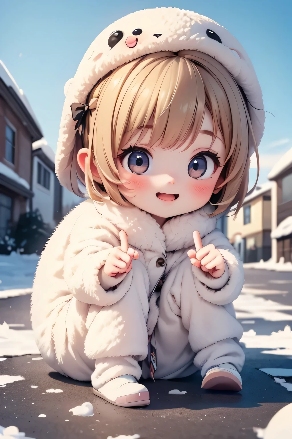 best quality、 high definition 、(High image quality:1.2)、masterpiece、 detailed background、 beautiful face in every detail lying on the road、( detailed face :1.2)、detailed expression、( detailed eyes :1.2)、 anatomically correct、(Normal number of fingers:1.4)、Teenage beauty、 brightly colored hair color 、 braided bob cut 、 ponytails bleeding from the vagina、cute gestures、 innocent smile 、
the polar bear came to the girl like it was rolling Clings to her feet {x} A girl was walking in a cold snowy field and found fluffy white pimples moving under her feet、 and the girl crouched down, the polar bear reached out a round hand and started pulling her scarf 、「That、I want to play ?」 and when the girl crouched down 、 the girl laughed and gently put her hat on the polar bear's head 「It suits you!」To put it simply,、 the polar bear twirled and brought her fluffy body to her 、 they rolled around in the snow 、 and had a cool but warm moment 、cute