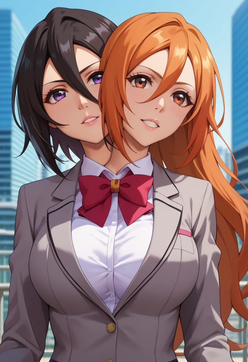 score_9_up, score_8_up, score_7_up,score_6_up, score_5_up, score_4_up, twoheads, 2heads, conjoined, ((2 different hairstyles)), ((SPLIT-COLOR HAIR)), inoue orihime, long hair, orange hair, brown eyes,
rukia kuchiki, black hair, hair between eyes, purple eyes, short hair,
skirt, bow, school uniform, jacket, blazer, grey jacket, large breasts, school uniform, blazer, grey blazer, shirt, white shirt, collared shirt, bowtie, red bowtie, one head tries to pull the opposite way of the other head, distracted, uncoordinated, city background