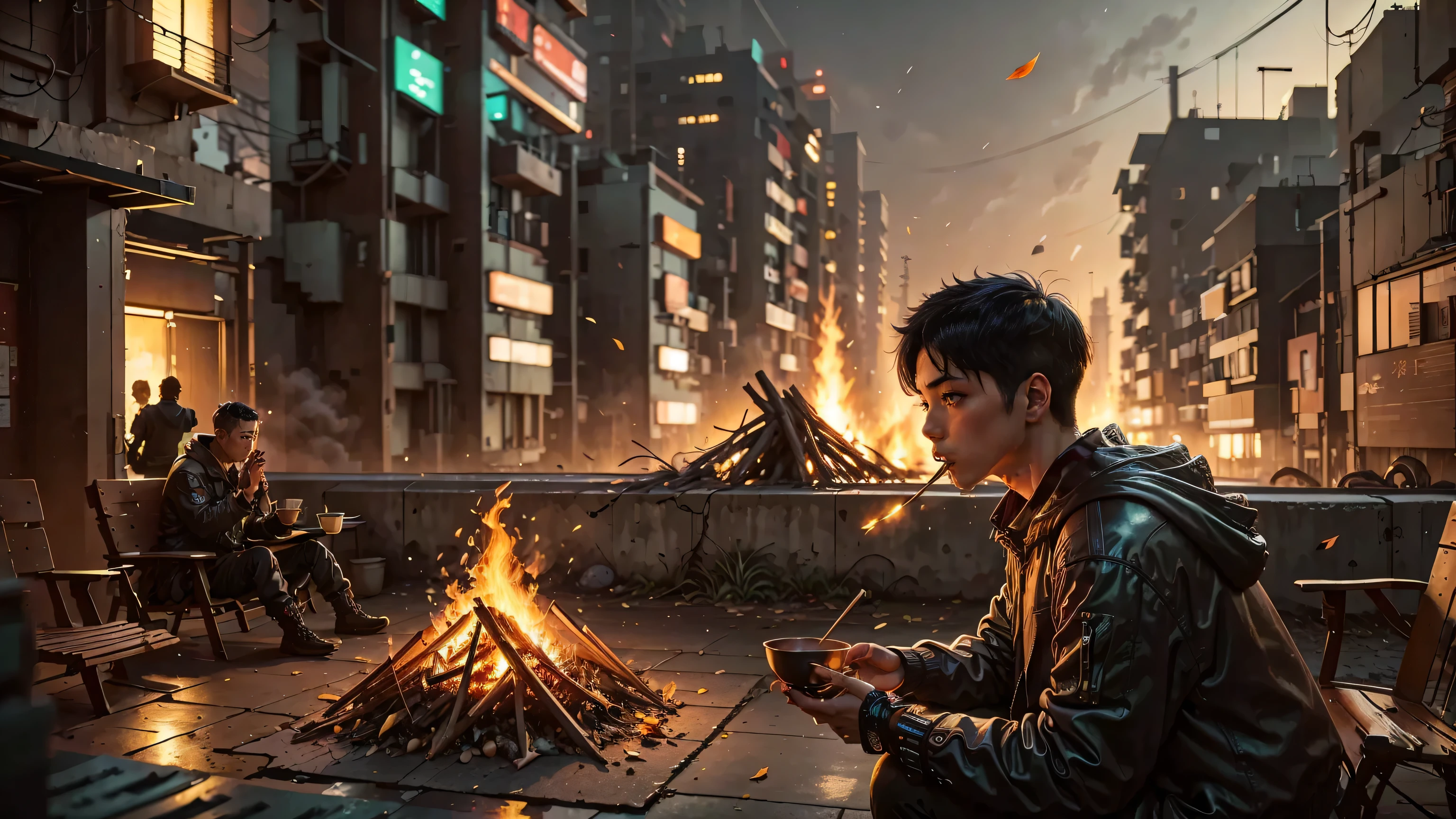 LOVEHIROHITO  eating yakiimo 、Bonfire with fallen leaves 、 with the cyberpunk cityscape in the background