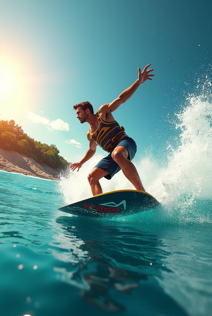 "An ultra realistic surfer, focusing on the face, very sharply captured in a cinematic moment, sliding on a big wave. The image has a subtle camera blur that gives a sense of movement and dynamism. The sky is a vibrant blue, with rays of light passing through the clouds and reflecting on the water, creating a dazzling effect. The scene is full of energy, with the surfer at the center of the action, in perfect harmony with the power of the ocean."



