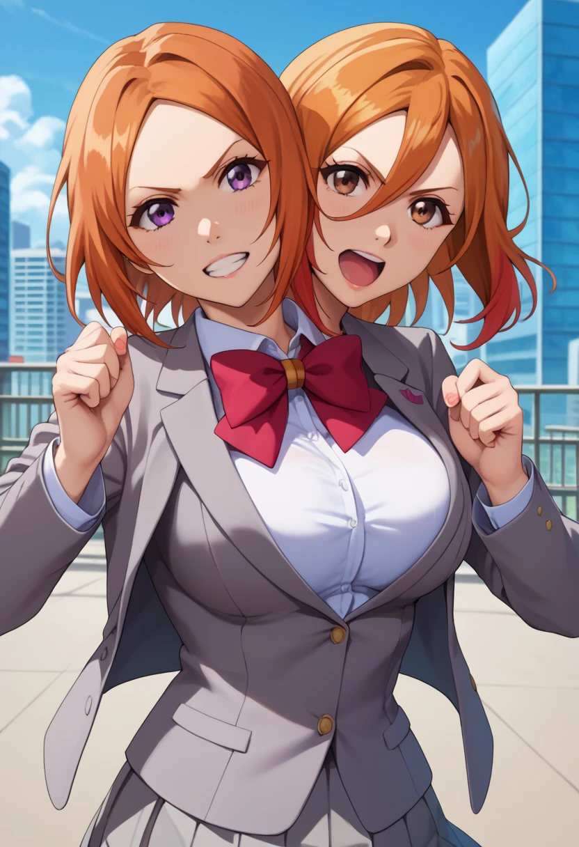 score_9_up, score_8_up, score_7_up,score_6_up, score_5_up, score_4_up, twoheads, 2heads, conjoined, ((2 different hairstyles)), ((SPLIT-COLOR HAIR)), inoue orihime, long hair, orange hair, brown eyes,
rukia kuchiki, black hair, hair between eyes, purple eyes, short hair,
skirt, bow, school uniform, jacket, blazer, grey jacket, large breasts, school uniform, blazer, grey blazer, shirt, white shirt, collared shirt, bowtie, red bowtie, one head fighting the other head, distracted, uncoordinated, city background