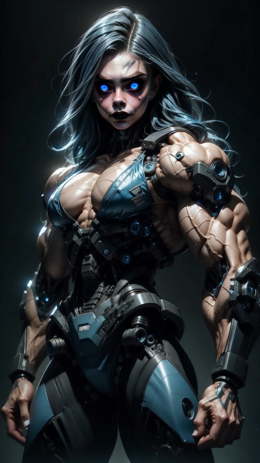 (1 girl), (Cara delevingne:1.25), beautiful teenage muscular goth cyborg girl, nude, (black sclera:1.25), (blue glowing eyes:1.25), (blue glowing body veins:1.25),(((muscular bodybuilder physique:1.45))), ((((extreme muscular hypertrophy:1.25)))), (flat muscular pecs:1.25), (Cyborg exosuit:1.5), ((skinny thin legs:0.75), (blue glowing hair:1.25),(beautiful face:1.25), bimbo lips, blank background, gothic neon style, cyber punk style, 