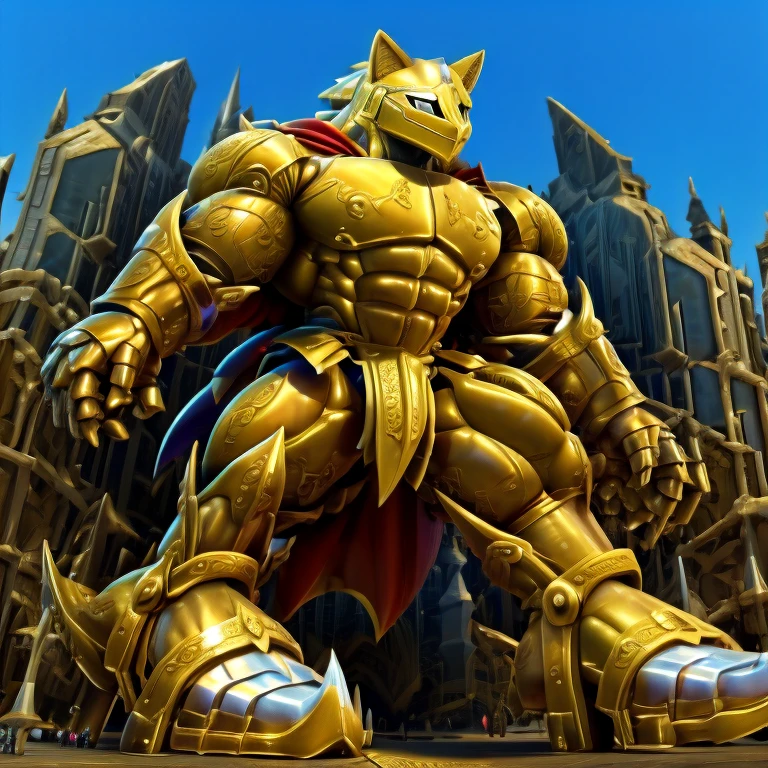 - Excalibur Sonic. Golden Armor. The whole body is golden.
- masterpiece. official art. 8k. best quality. detailed full body. full body.
- no face. wearing a full-face helmet.
- An arrogant expression. smile at the corner of your mouth.
- He with 4 arms.
- large muscles,  big muscle, huge muscles,  massive muscles, bulk up.
- focus GIANT Excalibur Sonic is trampling the city. Looking down. macro. stomp. Low-angle perspective. emphasizing the immense size. He has long legs.
- The nails are sharp. The nails are gold. There are five fingers.
- The toenails are sharp. The toenails are gold. There are five toes.

(Excalibur Sonic, golden armor, helmet, no face, holding, red cape, upturned and pointy shoes)