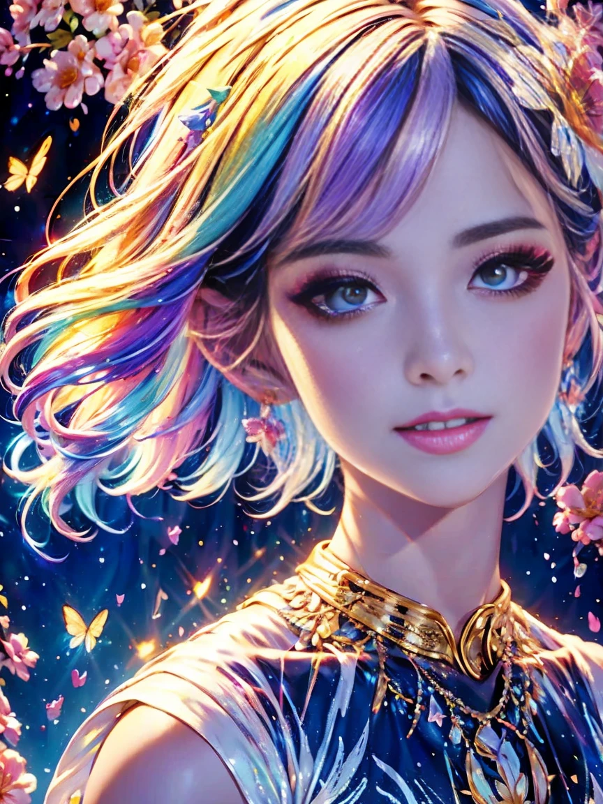 Welcome to the fantasy unknown country，（The female elf guides you，anatomically correct，Accurate and perfect European and American cartoon girl face），A kind smile，Transparent beautiful girl，beautiful fairy，Small ears，fly around，kaleidoscopic，Among thousands of purple and red flowers，digital illustration，Complex，Uptrend，pastel colors，(painting:1.5)，(vector illustration"1.5)，Award-winning photography，bokeh，depth of field，hdr，flowers，Color difference，Very detailed，Art Station Trends，CG social trends，Complex，high detail，Drama，midway art