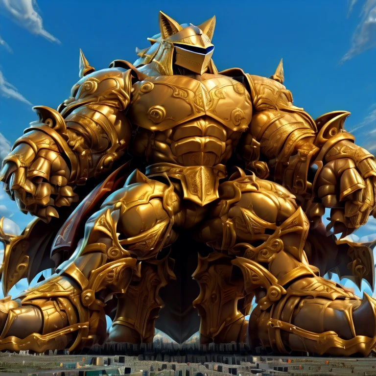 - Excalibur Sonic. Golden Armor. The whole body is golden.
- masterpiece. official art. 8k. best quality. detailed full body. full body.
- no face. wearing a full-face helmet.
- An arrogant expression. smile at the corner of your mouth.
- He with 4 arms.
- large muscles,  big muscle, huge muscles,  massive muscles, bulk up.
- focus GIANT Excalibur Sonic is trampling the city. Looking down. macro. stomp. Low-angle perspective. emphasizing the immense size. He has long legs.
- The nails are sharp. The nails are gold. There are five fingers.
- The toenails are sharp. The toenails are gold. There are five toes.

(Excalibur Sonic, golden armor, helmet, no face, holding, red cape, upturned and pointy shoes)