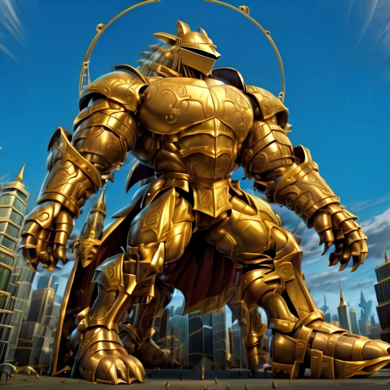 - Excalibur Sonic. Golden Armor. The whole body is golden.
- masterpiece. official art. 8k. best quality. detailed full body. full body.
- no face. wearing a full-face helmet.
- An arrogant expression. smile at the corner of your mouth.
- He with 4 arms.
- large muscles,  big muscle, huge muscles,  massive muscles, bulk up.
- focus GIANT Excalibur Sonic is trampling the city. Looking down. macro. stomp. Low-angle perspective. emphasizing the immense size. He has long legs.
- The nails are sharp. The nails are gold. There are five fingers.
- The toenails are sharp. The toenails are gold. There are five toes.

(Excalibur Sonic, golden armor, helmet, no face, holding, red cape, upturned and pointy shoes)