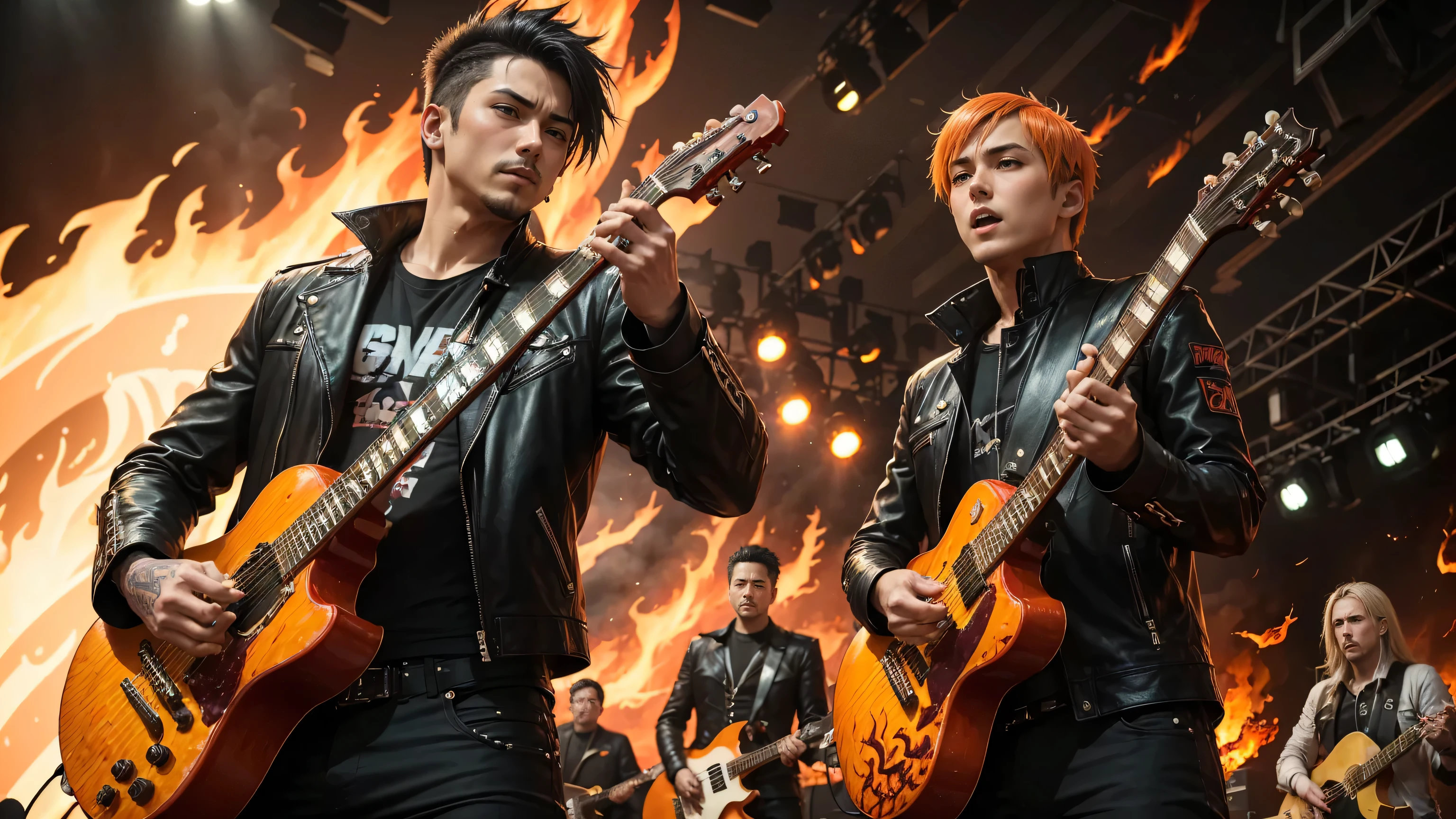 ((( holding roasted sweet potatoes in their hands ))) 8 members of the death metal band are grilling yakiimo along with fallen leaves collected in the park、LOVEHIROHITO   、 Old Boys  、 LOVEHIROHITO  の友達のアドルフ・ヒトラー, LOVEHIROHITO  の友達チェ・ゲバラ。  proudly hold up sweet potatoes  。Red purple yakiimo 。 8 death metal band members who collect fallen leaves and make bonfires  。  sings a love song appealing for love and peace  、  it's a death metal band  ！ Background tea night park 、(((Flame Background:1.4)))Ultra-realistic and highly detailed perfect flames 、 LOVEHIROHITO   の写実的な肖像画 、 8 teenage band members loving death metal fanatics 。Hitler playing electric guitar 、 Che Guevara playing electric guitar 、LOVEHIROHITO  の肖像画の写実的な写真 。 右手にマイクを持ったLOVEHIROHITO  の肖像 、 minna teeth daitan na bakuhatsu enjō no mae ni tatte iru, Flame Background 。 teeth、 teeth、Representing exciting moment playing their favorite death metal at outdoor music festival。Man spreading message of love and peace 、Microphone in right hand、(( Posing with left hand held high ))、  Old male vocalist with microphone in right hand 、Electric guitar on shoulder、Wearing black leather jacket、 Black sleek short hair、  beautiful skin  、Explosive performance background、( best quality,4K,8k,masterpiece:1.2), super detailed,(Realistic,photoRealistic,photo-Realistic:1.37),    gothic punk rock    ,Cool guy,  charming eyes ,Strong expression,   black leather jacket and pants   ,Spike Accessories, Representing vibrant and exciting moment  ,  Energetic stage performance,   dramatic stage lighting   ,   brightly colored Mohawk   ,Bold tattoos, Amazing guitar solo ,  fan teeth cheers and jumps  ,   Electric Atmosphere   , Metallic and grainy texture ,   edgy rebellious vibe   ,   punk rock attitude  ,   powerful and dynamic poses   , ,  and crash sung   ,   vibrant concert audience   , Pulsating music beat ,Shining neon lights,    expressive body language    ,   adrenaline full energy   ,   Passionate Performance   ,   roaring voice   ,Headbanging,  and crash sung   .