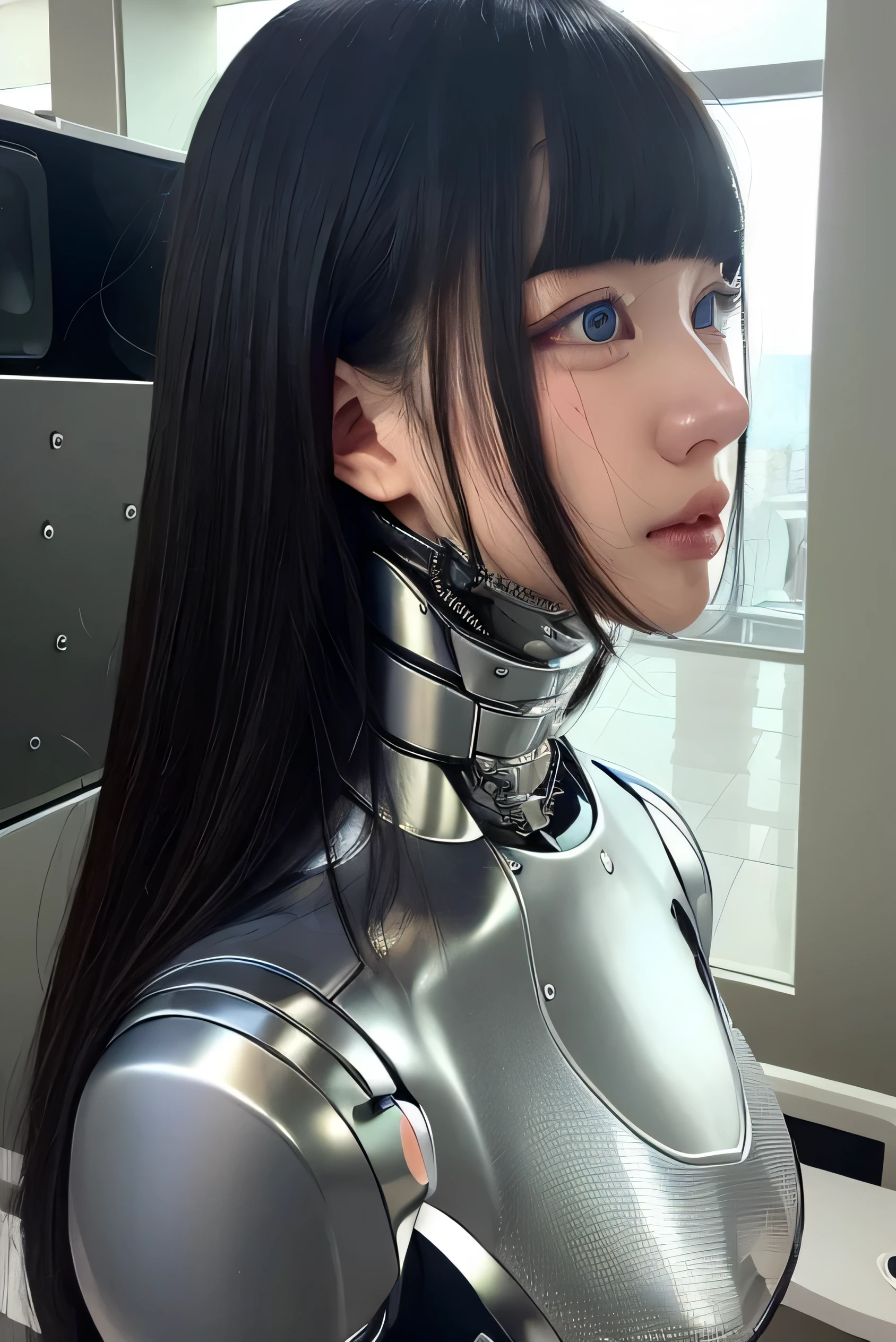 masterpiece, best quality, extremely detailed,  Japaese android girl,Plump , control panels,android,Droid,Mechanical Hand, Robot arms and legs, Black Robot Parts,Black hair,Mechanical body,Blunt bangs,White robotics parts,perfect robot girl,future information counter,reception,long tube,thick cable connected her neck,ceramic body ,mechanical body,mechanical costume,android,robot,humanoid,cyborg,information office,japanese android receptionist ,mechanical chest,blue eyes,office-lady