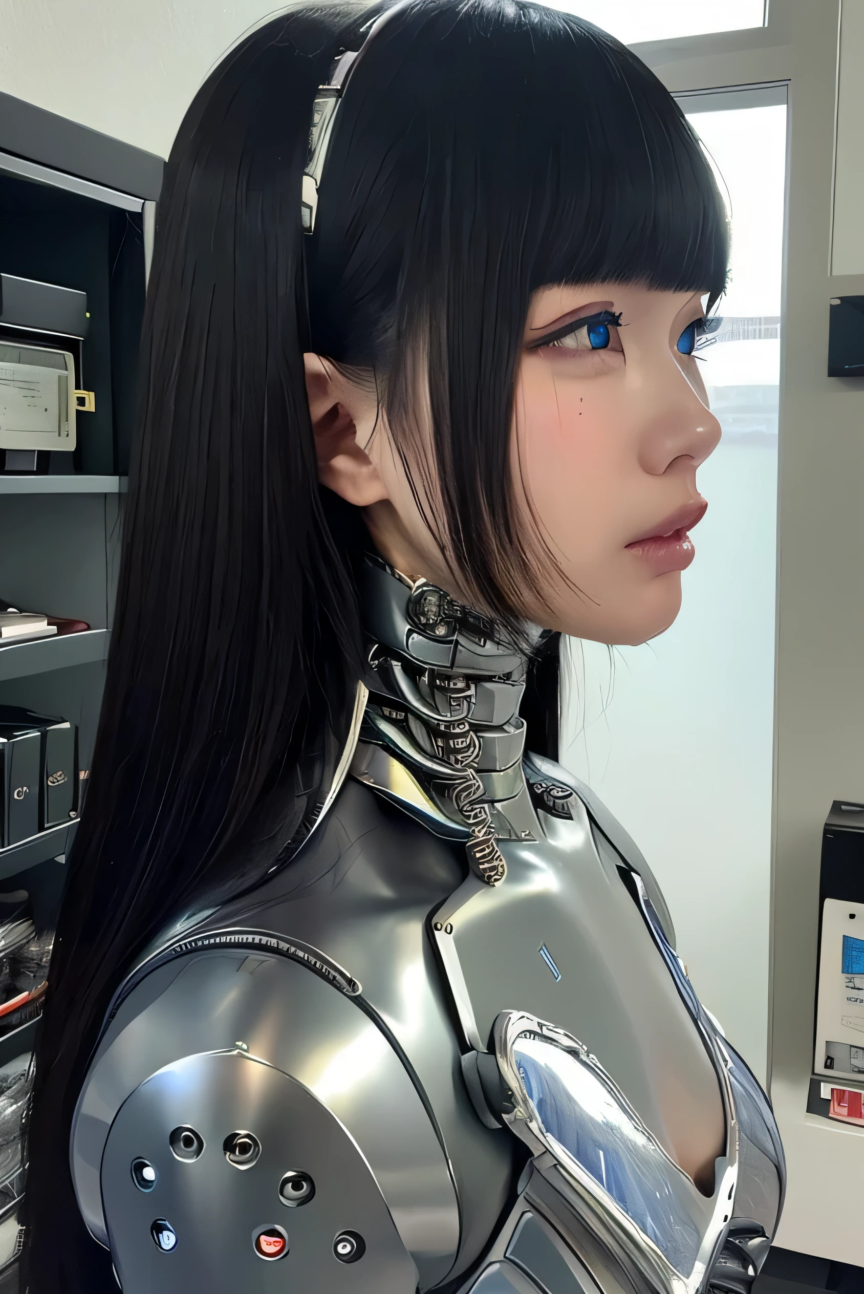 masterpiece, best quality, extremely detailed,  Japaese android girl,Plump , control panels,android,Droid,Mechanical Hand, Robot arms and legs, Black Robot Parts,Black hair,Mechanical body,Blunt bangs,White robotics parts,perfect robot girl,future information counter,reception,long tube,thick cable connected her neck,ceramic body ,mechanical body,mechanical costume,android,robot,humanoid,cyborg,information office,japanese android receptionist ,mechanical chest,blue eyes,office-lady