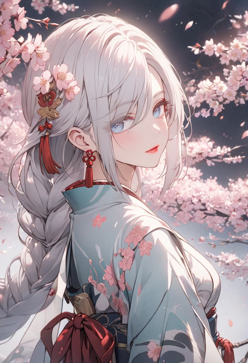 a girl wearing a pastel dress covered in sakura blossom patterns, beautiful detailed eyes, beautiful detailed lips, extremely detailed face, detailed sakura blossoms, cherry blossom garden, soft lighting, delicate, whimsical, muted colors, dreamlike, cinematic, highres, best quality, 8k, masterpiece, elegant, shenhe, blue eyes, braided ponytail, earrings, eyelashes, eyeliner, eyes visible through hair, eyeshadow, hair between eyes, makeup, red eyeshadow, sidelocks, single earring, symbol-shaped pupils, tassel, tassel earrings, white hair, long hair, full body