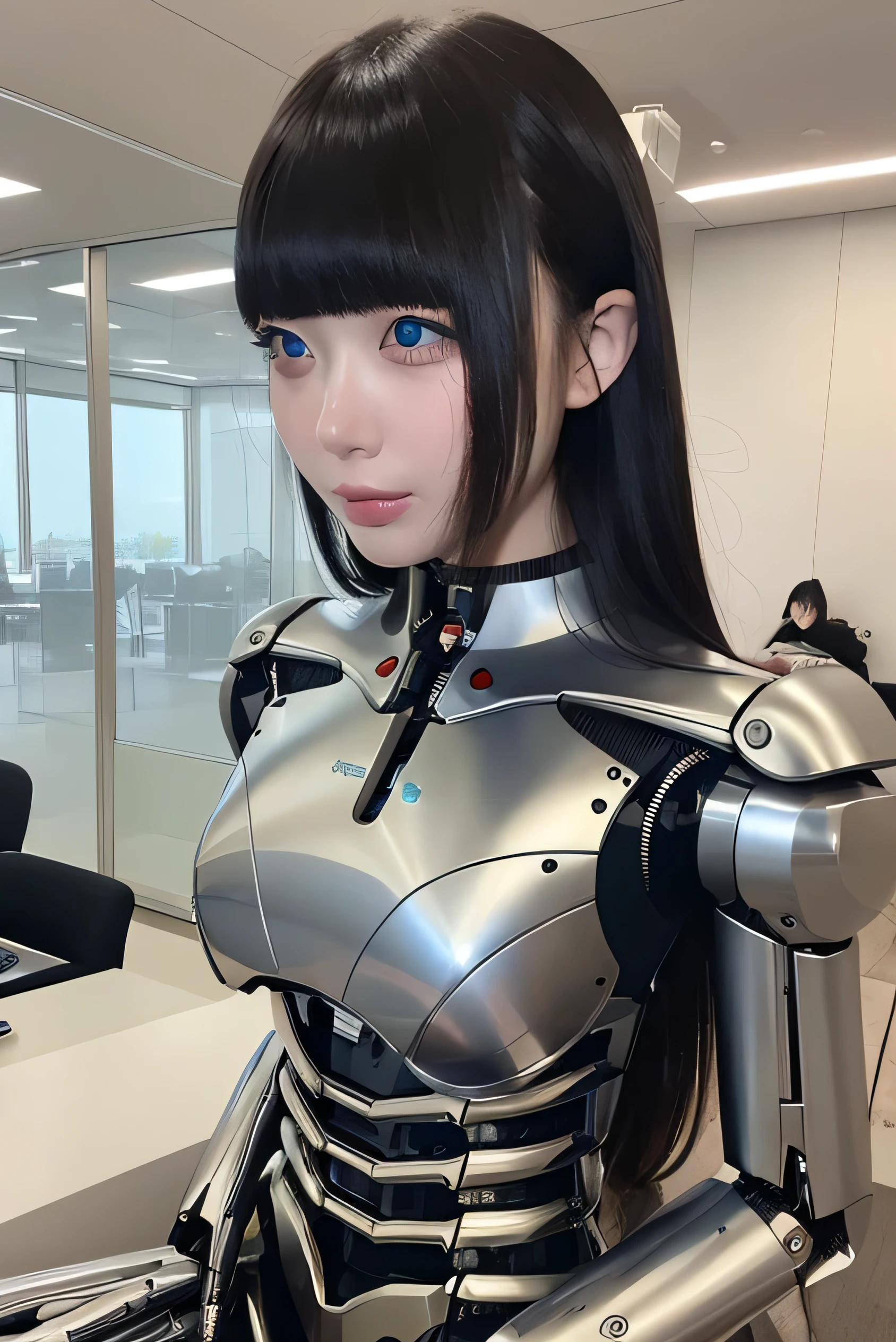 masterpiece, best quality, extremely detailed,  Japaese android girl,Plump , control panels,android,Droid,Mechanical Hand, Robot arms and legs, Black Robot Parts,Black hair,Mechanical body,Blunt bangs,White robotics parts,perfect robot girl,future information counter,reception,long tube,thick cable connected her neck,ceramic body ,mechanical body,mechanical costume,android,robot,humanoid,cyborg,information office,japanese android receptionist ,mechanical chest,blue eyes,office-lady