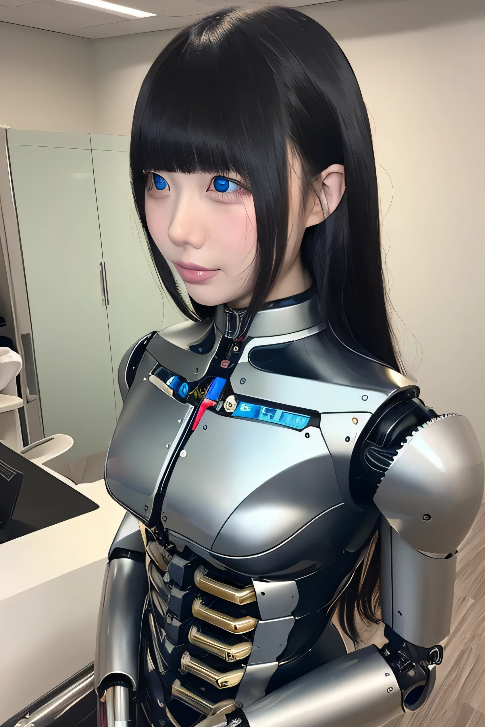 masterpiece, best quality, extremely detailed,  Japaese android girl,Plump , control panels,android,Droid,Mechanical Hand, Robot arms and legs, Black Robot Parts,Black hair,Mechanical body,Blunt bangs,White robotics parts,perfect robot girl,future information counter,reception,long tube,thick cable connected her neck,ceramic body ,mechanical body,mechanical costume,android,robot,humanoid,cyborg,information office,japanese android receptionist ,mechanical chest,blue eyes,office-lady