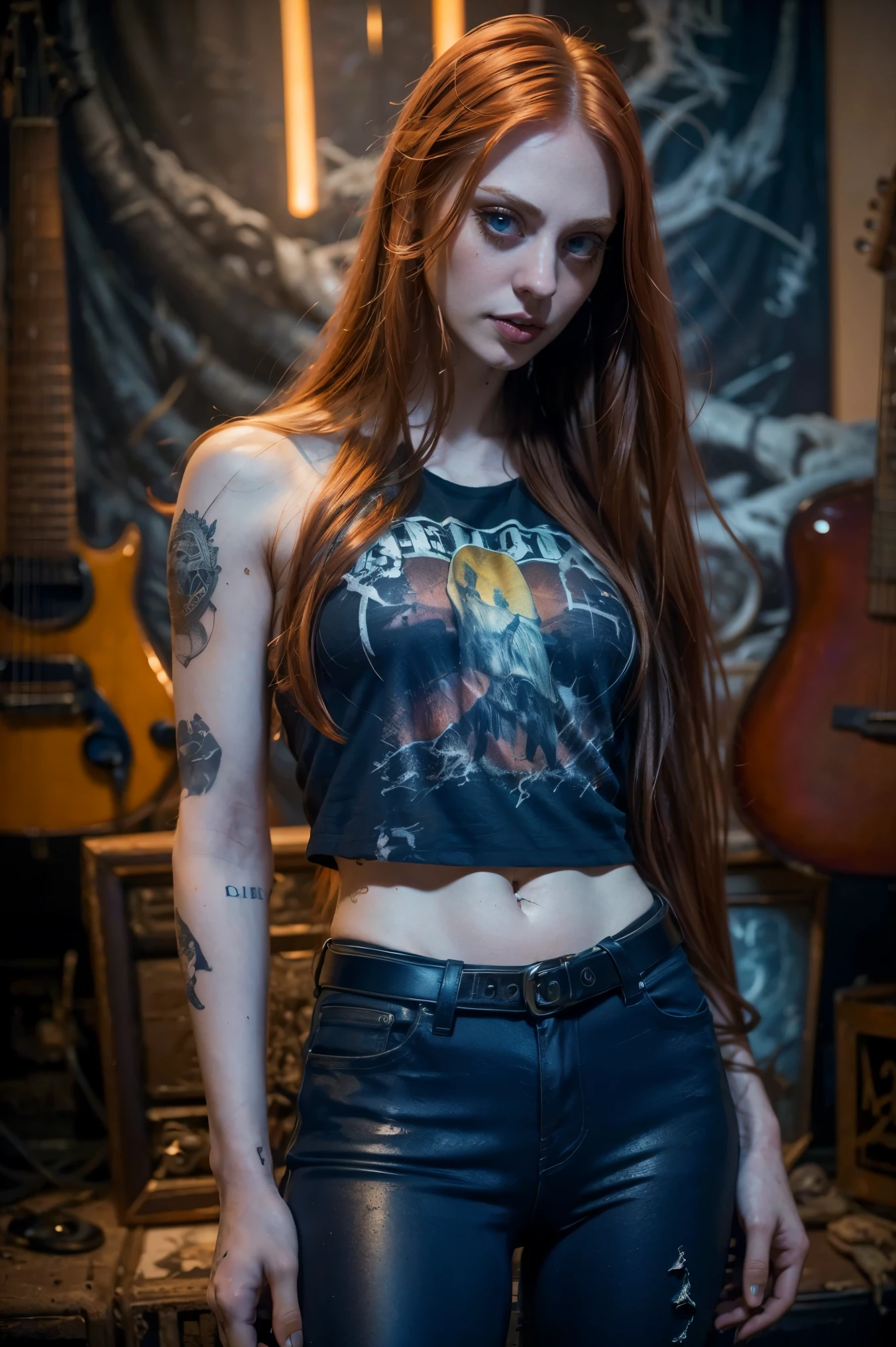 ((Deborah Ann Woll)) light long hair, vibrant blue eyes, white pale skin, portrait, rocker clothes, band clothes, dark night scene, tattooed , High detail RAW colored art, (detailed skin, skin texture), (muscle), intricate details, fine details, hyperdetailed, ray tracing, subsurface scattering, diffuse soft lighting, red and blue spotlight, trend at ArtStation, trend at CGSociety, Intricate, High Detail, Sharp focus, dramatic and photorealistic painting art by midjourney, bokeh in the background, Pub, best quality, masterpiece, only 1girl, halfbody portrait, night dark ambient, look at the viewer, white t-shirt, blue jeans pants, night bar, country scenario, oregon calm city, Detailed leather clothes, jacket panths and shirt, skin pores. (Neon Light atmosphere of the frame. Color range - orange and yellow tones)