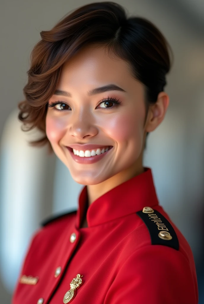  Brightly eyed brunette, short, Abundant black hair , Emirates flight attendant  