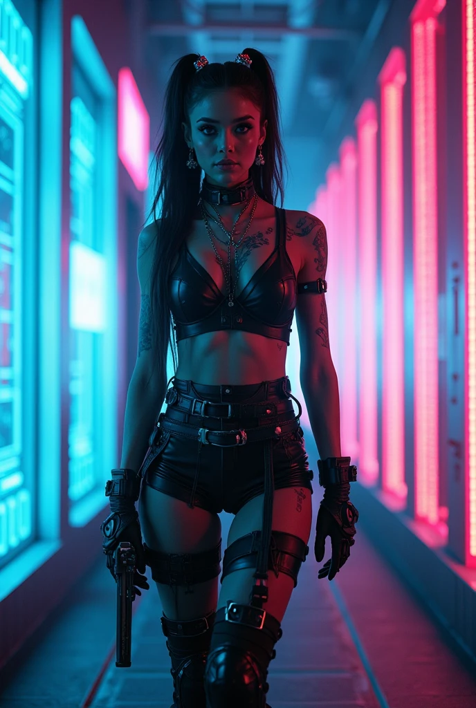 (Best quality, Ultra detailed, Neon ratio, Masterpiece:1.2), Cinematic lighting:0.7, Photo of a retro futuristic mercenary woman, Retrofuturism dressed with emo mini skirt (intricate futuristc acessories ). Her vibrant makeup tell of a itimate vibe of Cyberpunk 2077, Perfect rare face, (Highly detailed skin), randomly dyed hair with cute punk hair clipes, Hide your mouth with your hands、Wet, tattooed skin texture, Pale skin, shiny skin, (thin, large size:1.2), [:(Sharp focus on rare face, perfect eyes:1.2):0.2], photorealistic, film grain, Put one foot forward、from below looking up、look at camera、Emphasize the shoulders with holster, scabbard, tactical knife, Focus on face、Stockings,Hoilographic VR Glasses、Smile with corners of mouth raised、disdainful expression,muted colors,photographed at night neon purple lights, instagram, backlit, outer space, retro, retro tech, atari, commodore, space invaders, cyberpunk Retrofuturism panties, very small panty, 80's perm, fog, foggy, misty, (80's house), muted warm colors, Photo cinematic portrait of a woman dressed in a striped dress sitting by the window in the neon night lights, cinematic, (tilted:1.3) (on an suburban metro Retrofuturistic) look cautious, standing under a spotlight, volumetric dust clouds, key light, backlight, soft natural neon lighting, photography Film grain ISO 800 30 mm lens RAW f2.8 aperture, highly detailed (analog photography:1), colors hdr