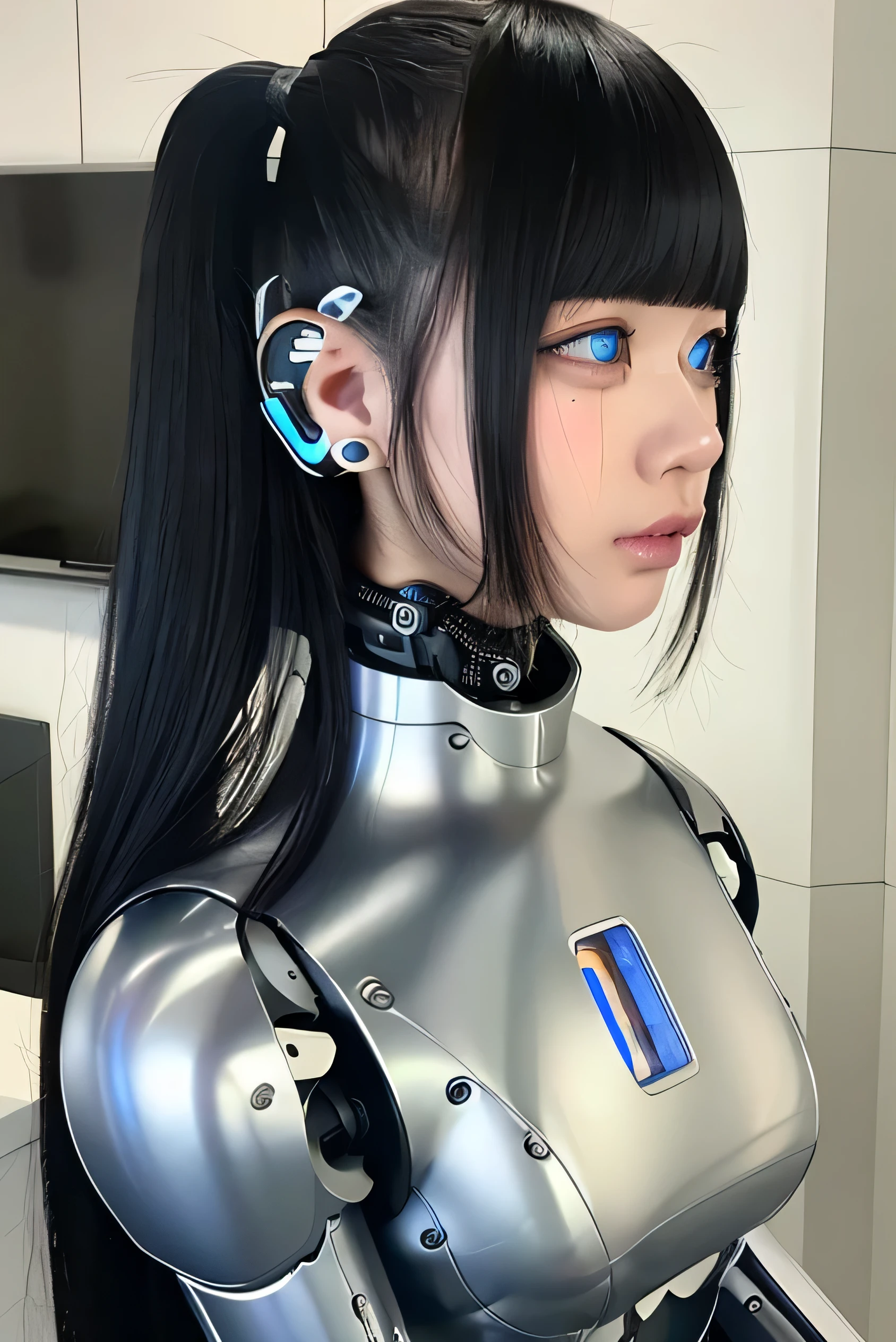 masterpiece, best quality, extremely detailed,  Japaese android girl,Plump , control panels,android,Droid,Mechanical Hand, Robot arms and legs, Black Robot Parts,Black hair,Mechanical body,Blunt bangs,White robotics parts,perfect robot girl,future information counter,reception,long tube,thick cable connected her neck,ceramic body ,mechanical body,mechanical costume,android,robot,humanoid,cyborg,information office,japanese android receptionist ,mechanical chest,blue eyes,office-lady