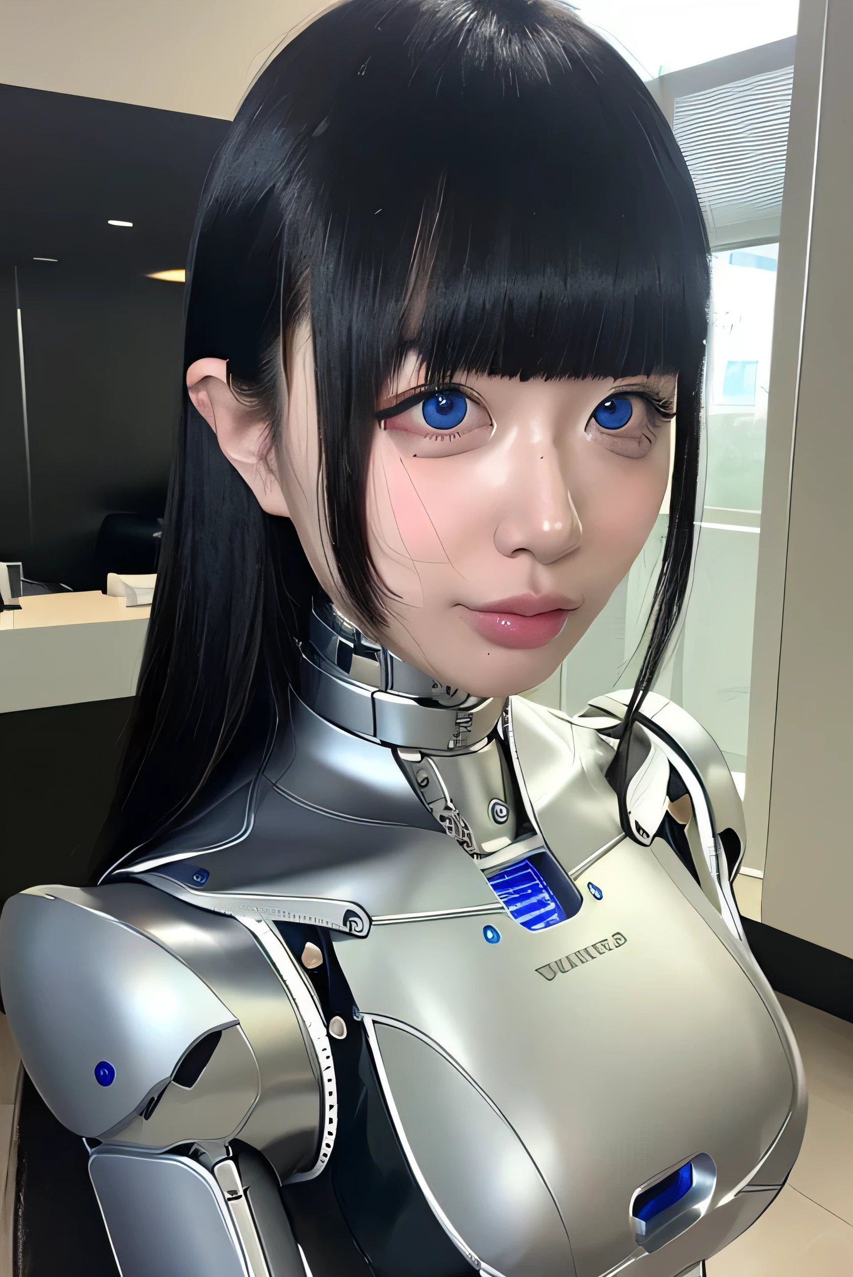 masterpiece, best quality, extremely detailed,  Japaese android girl,Plump , control panels,android,Droid,Mechanical Hand, Robot arms and legs, Black Robot Parts,Black hair,Mechanical body,Blunt bangs,White robotics parts,perfect robot girl,future information counter,reception,long tube,thick cable connected her neck,ceramic body ,mechanical body,mechanical costume,android,robot,humanoid,cyborg,information office,japanese android receptionist ,mechanical chest,blue eyes,office-lady