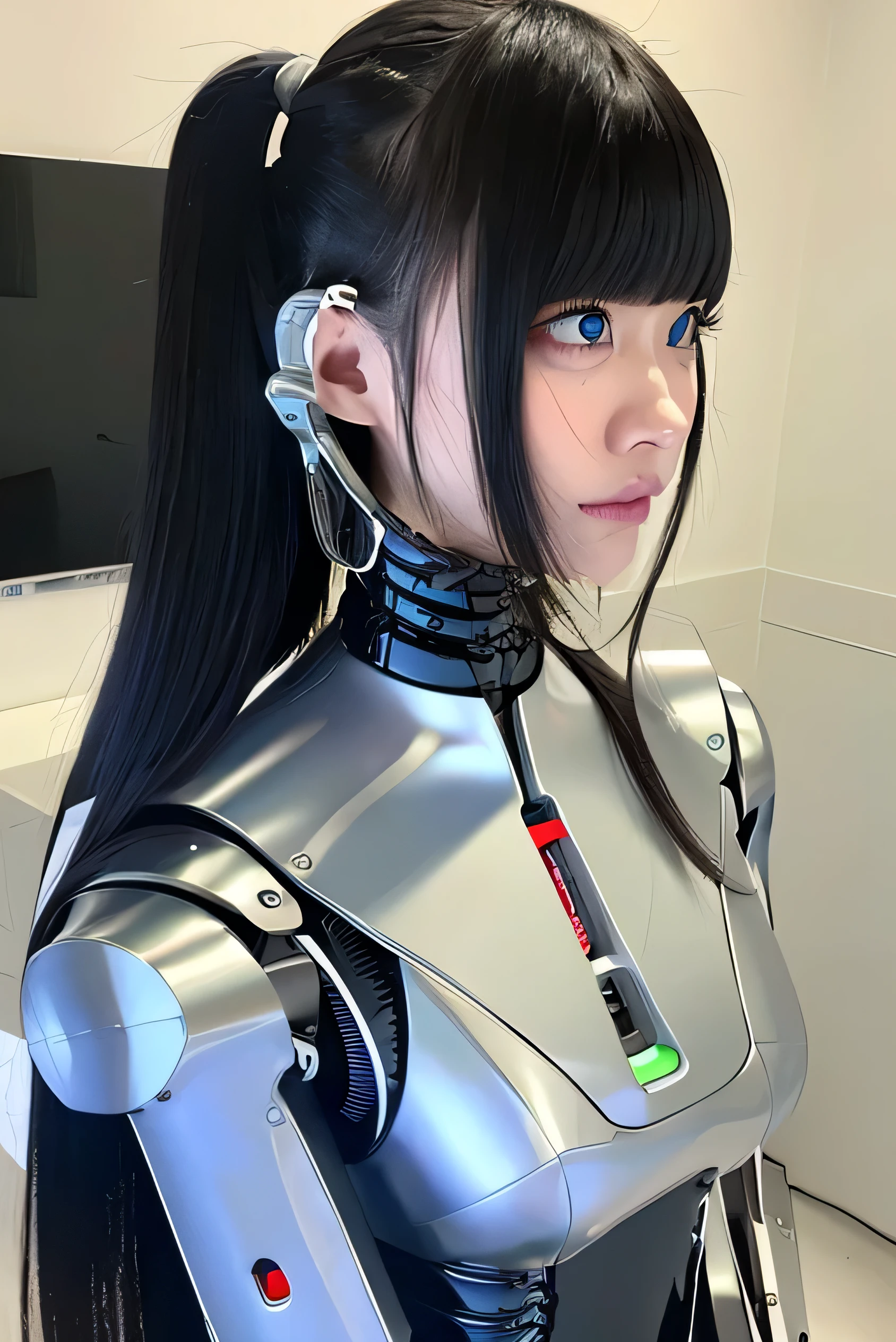 masterpiece, best quality, extremely detailed,  Japaese android girl,Plump , control panels,android,Droid,Mechanical Hand, Robot arms and legs, Black Robot Parts,Black hair,Mechanical body,Blunt bangs,White robotics parts,perfect robot girl,future information counter,reception,long tube,thick cable connected her neck,ceramic body ,mechanical body,mechanical costume,android,robot,humanoid,cyborg,information office,japanese android receptionist ,mechanical chest,blue eyes,office-lady