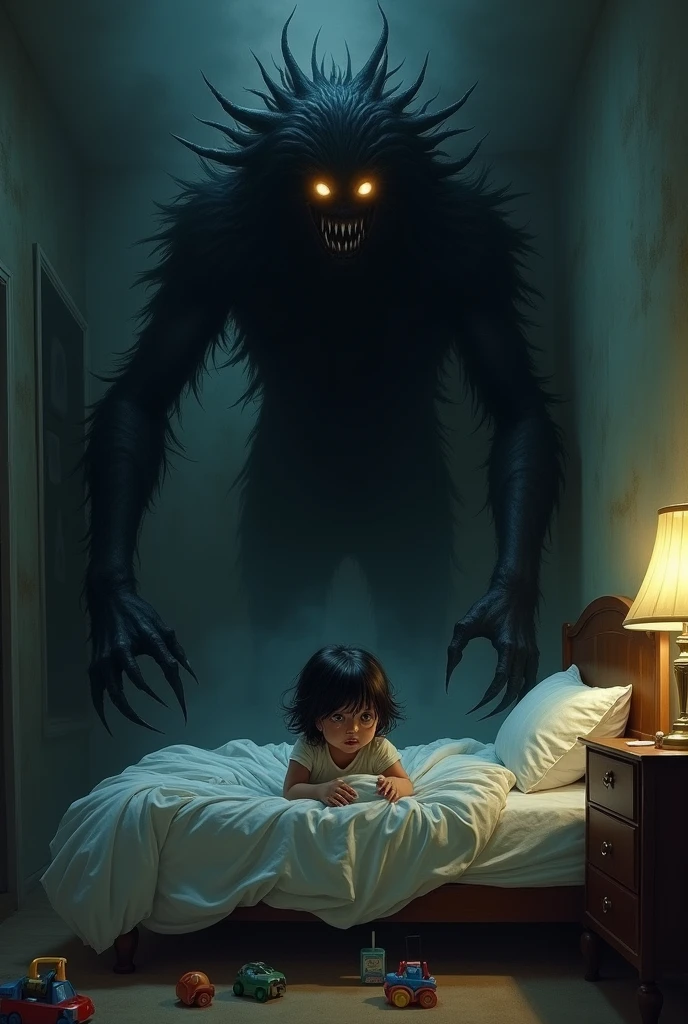 " A realistic and realistic scene showing a Darkness coming out from under a 's bed. The monster has long arms with sharp claws , glowing eyes that emanate malice , and a shape shrouded in dense and threatening shadows . The , visibly terrified , she sits on the bed clutching the sheets , with tears in her eyes and an expression of dread . The bedroom is dark , illuminated only by a faint lamp that creates distorted shadows on the walls , while toys scattered on the floor reinforce the vulnerability of the scene ."