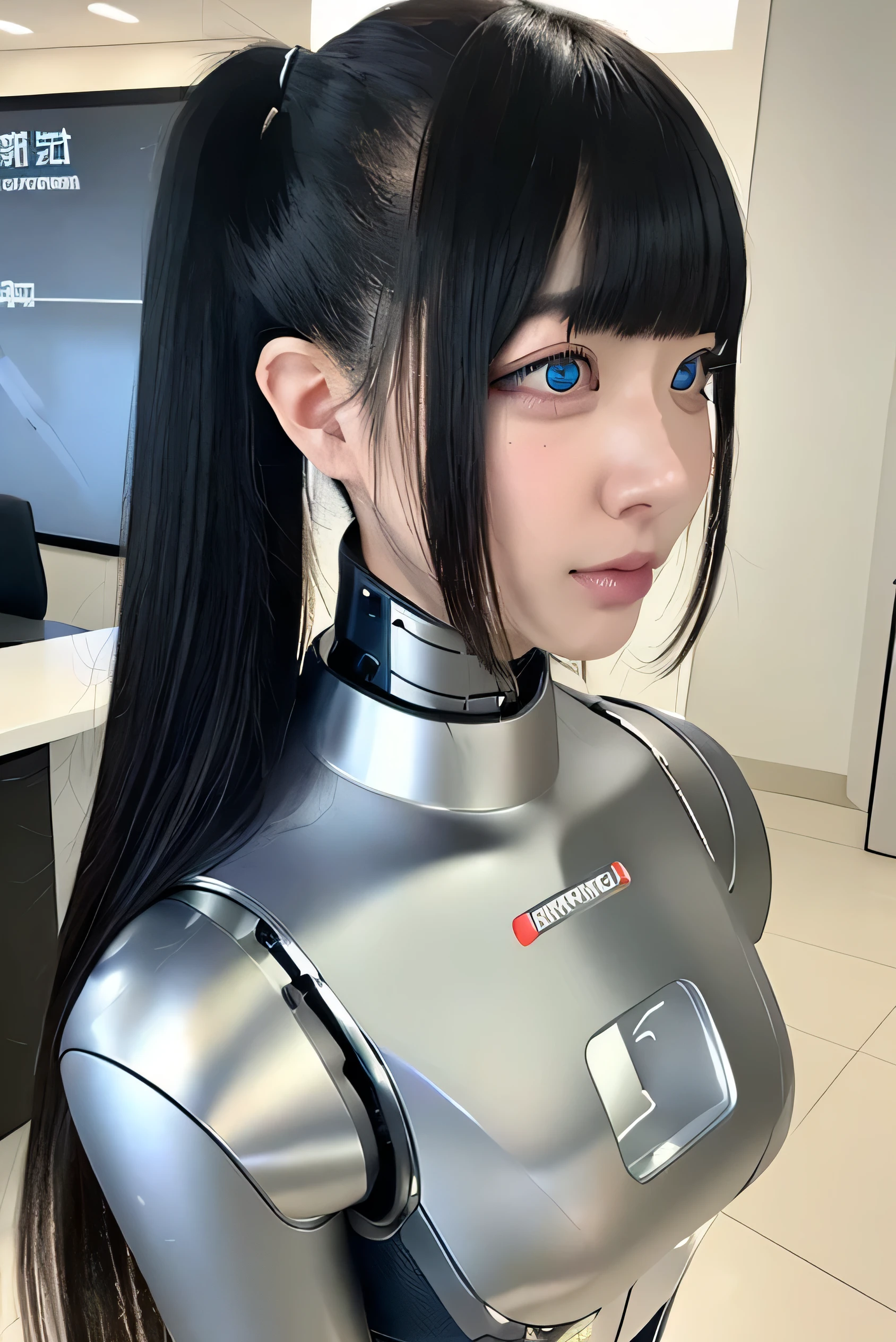 masterpiece, best quality, extremely detailed,  Japaese android girl,Plump , control panels,android,Droid,Mechanical Hand, Robot arms and legs, Black Robot Parts,Black hair,Mechanical body,Blunt bangs,White robotics parts,perfect robot girl,future information counter,reception,long tube,thick cable connected her neck,ceramic body ,mechanical body,mechanical costume,android,robot,humanoid,cyborg,information office,japanese android receptionist ,mechanical chest,blue eyes,office-lady