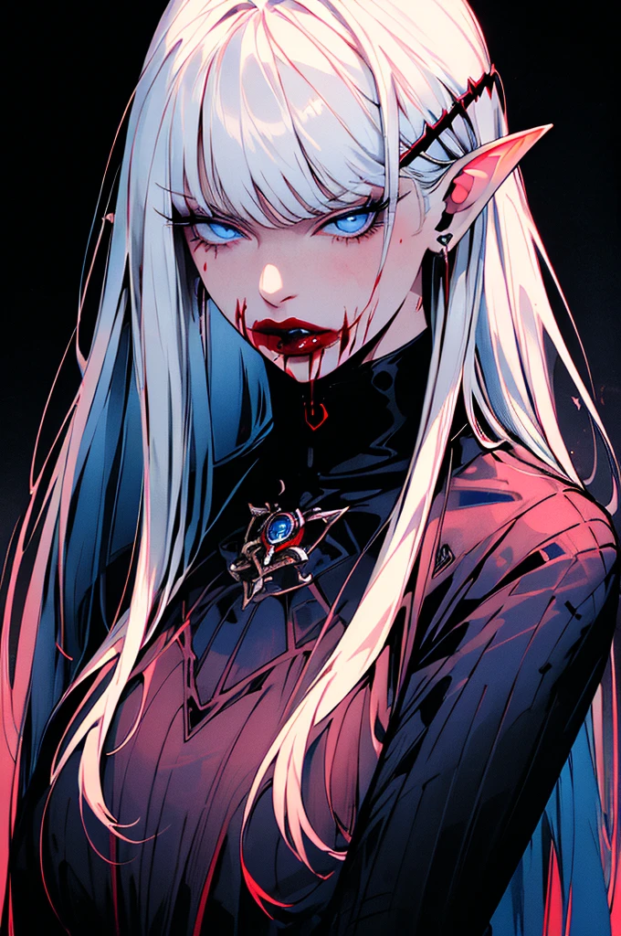 (( masterpiece, better quality )), absurdities,  upper body ,  black background , 
1 girl, Alone,  long hair,  looking at the spectator ,  bright blue eyes , by the blue,  upper body ,  Split lips ,  pointy ears , on one side,  bright red lips , eyelashes,  white hair, blood, make up, hair behind the ear, vampire, blood from mouth