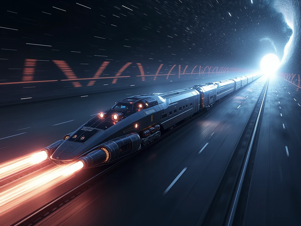 a time travel train, warp speed motion blur, light trail behind, interstellar background