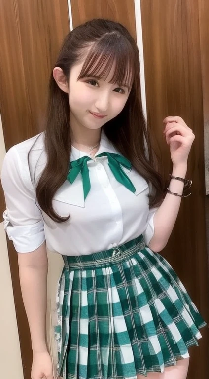 1girl, solo,(best quality),(masterpiece:1.1), (school uniform:1.4), dynamic angle, upper body, looking_at_viewer, platinum brown hair, green eyes, smile, dress, neck_ribbon, cute, clear facial skin,