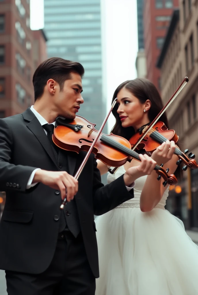 1 sexy men,  black hair, asiatique, violon,,1 woman,  brown hair, sliver eyes, english, white dress, violon, New-York, high quality,