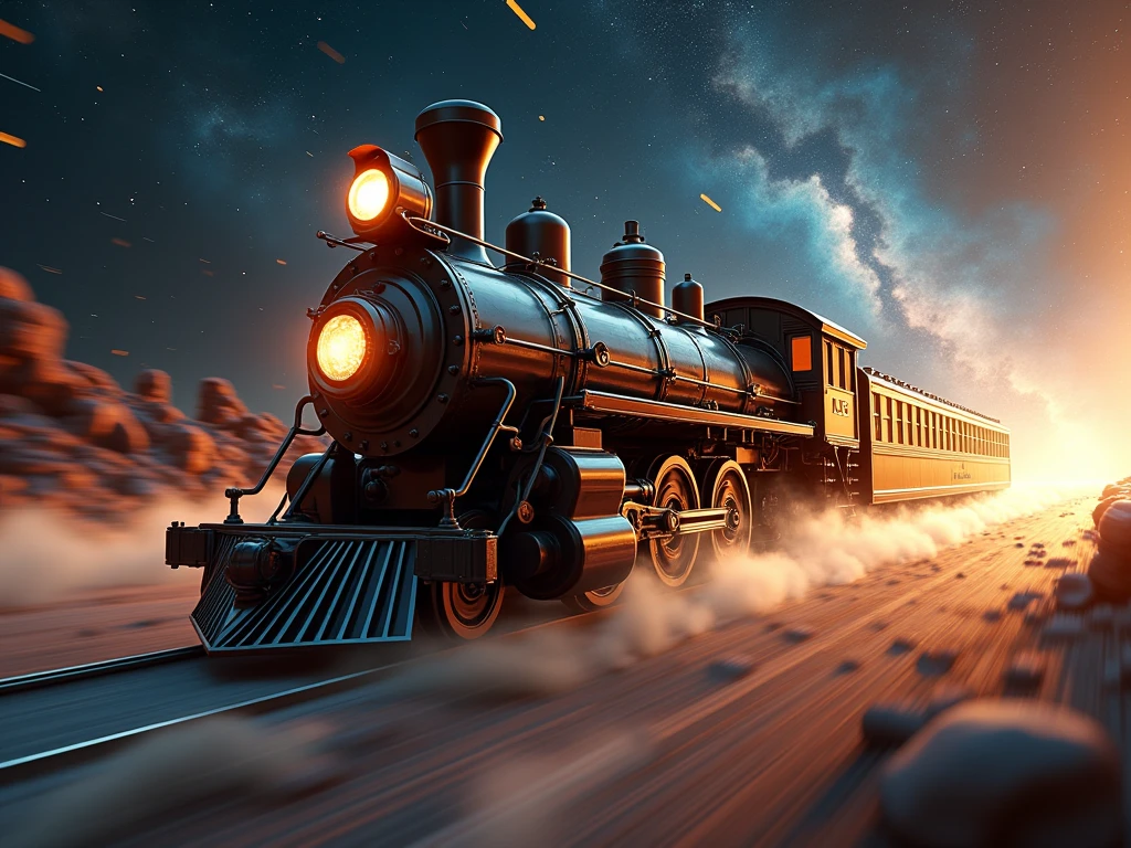 a old fashion time travel train, warp speed motion blur, light trail behind, interstellar background