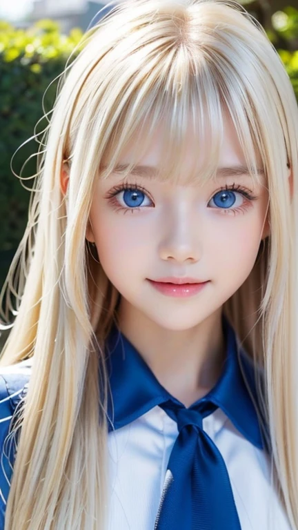  portrait、School uniform、Bright  expression、 young, shiny, radiant white shiny skin、The best beauty、 An Extraordinary Beautiful Girl 、Blonde reflection、Natural platinum blonde hair with dazzling highlights、Shiny bright hair,、 Super Long Silky Straight Hair 、Shiny, beautiful bangs、 shiny, clear and charming big blue eyes、very beautiful lovely cute  girl 、Ample Bust、