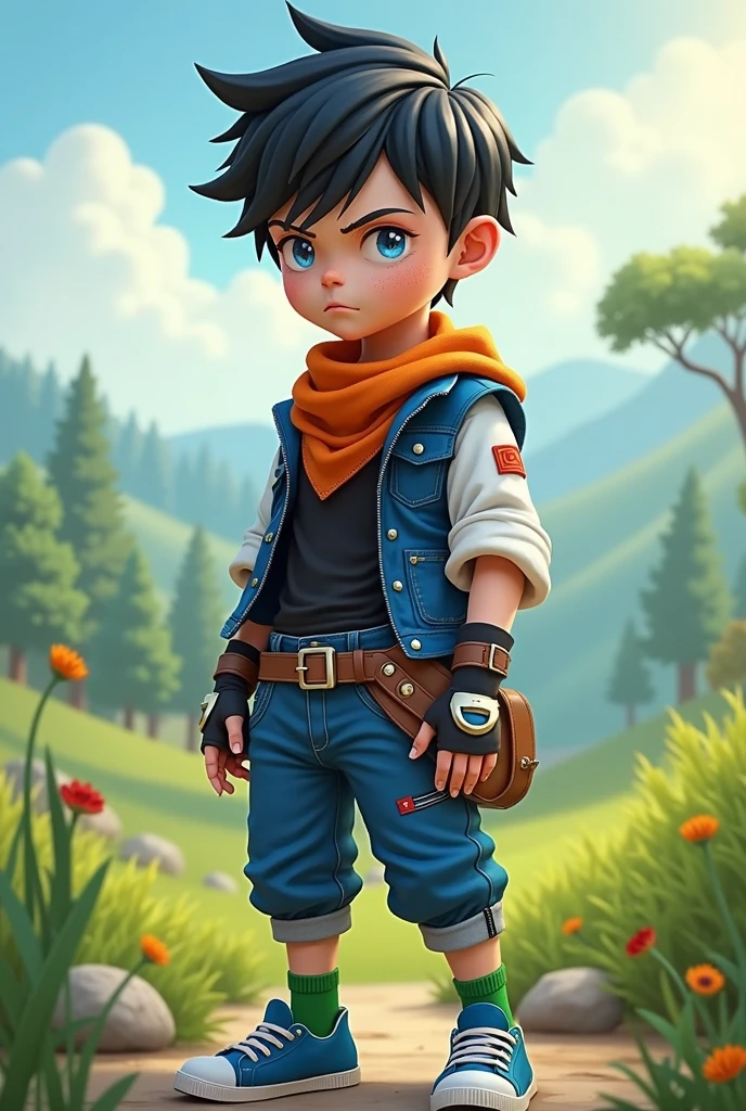 ((detailed image, incredible quality, high resolution)), (unique style, unlimited creativity),(mysterious and peculiar character),(blue jumpsuit),(does not have arms, hands, fingers, elbows or face),(overalls with black shoes), (mysterious or surreal scene), domti homti egg, voxels, field of flowers and a blue sky,, 4-year-old boy, black hair, white shirt under overalls, Short haired boy, tough looking boy,