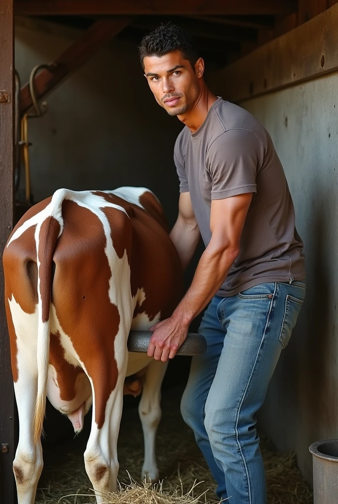 a man wearing cowsuit, cow horns, cow ears, cow tail, naked, correct looking penis, well-shaped penis, smooth penis and balls, barn farm, (smirk:0.7), realistic, masterpiece, intricate details, detailed background, depth of field