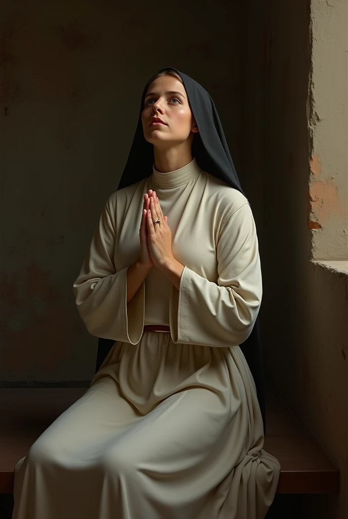 a praying woman, in marble, dark oppressive grim church stained glass window in the background