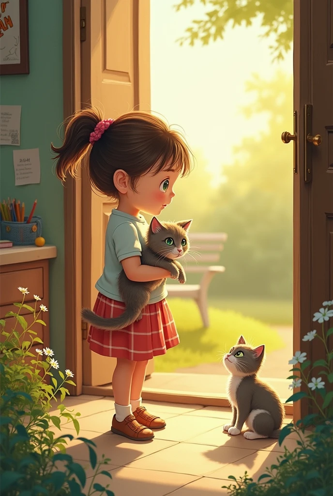 Size 1242x2688 pixels,A double braided,Wearing a pink polo skirt,Chasing and playing with Ragdoll cat in the garden,Composition vision,The sun shines on the colorful picture,Second dimension animation,Monet oil painting style,Ultra high definition 4k8k detailed webp