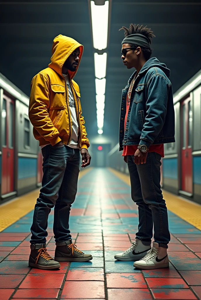  Please create a picture showing the outline of two people,  who are facing each other like in a duel . The light is directly above their heads  ,Please also add suitable shadows  , The setting is a subway station  .One should look like hip hop and the other very much like rock . The floor should look as if it had been painted with colored pencils 
