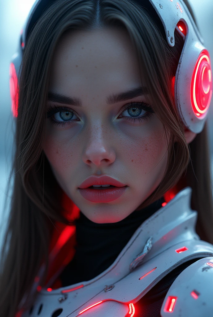 work of art, high qualiy, 1womanl, redheadwear, alone, female focus, greeneyes, black light, From above, cyber punk