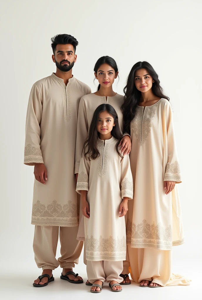 Make a family photo like in a photo studio consisting of 4 people. 1 father 1 mother wearing a hijab, 1 boy aged 11 years and a girl aged 3 years. Wearing Barcelona couple clothes