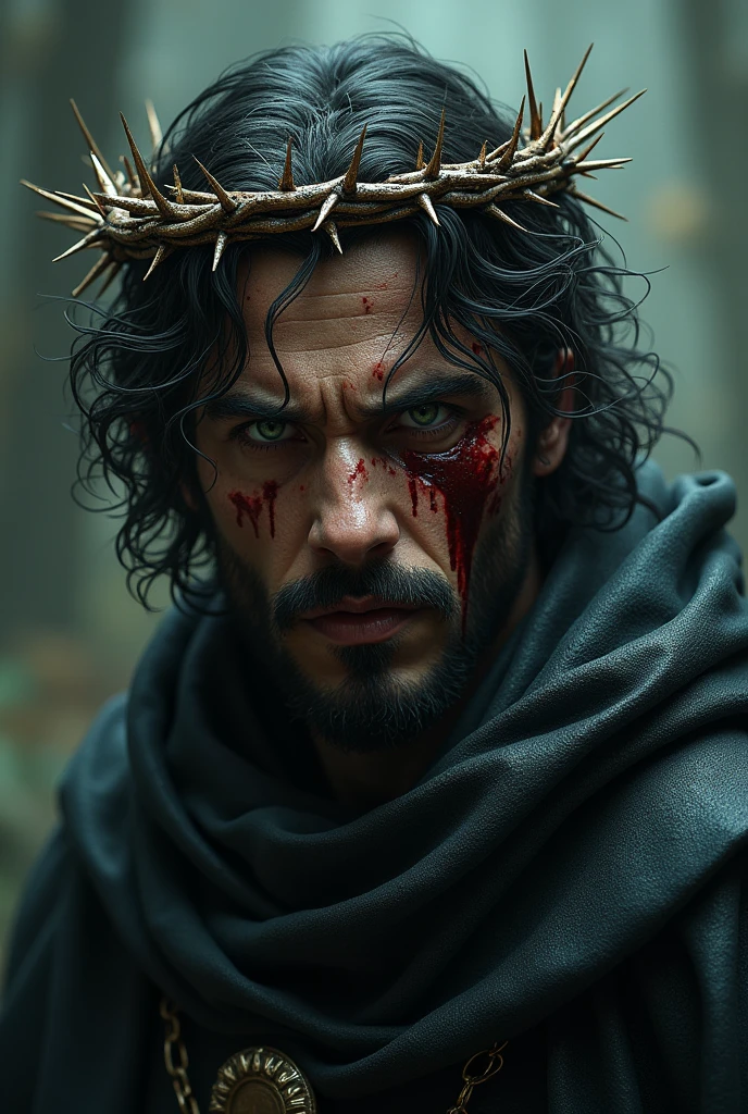 Image of a man with a crown of thorns on his head, referring to Jesus Christ during the Passion. Your face is covered in sweat, dirt and blood, with an intense and penetrating gaze that conveys pain and suffering. The light highlights the details of the face, showing the injuries and the expression of deep suffering.