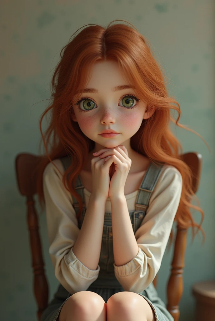 Cute little girl with long red hair and big green eyes sitting on a bed, surrounded by fluffy pillows and stuffed animals, sunlight streaming through the window, Dreamy, Whimsical, Pastel colors, Digital painting, Artstation, Highly detailed, Smooth, art by loish and sakimichan and erica willey --auto --s2
