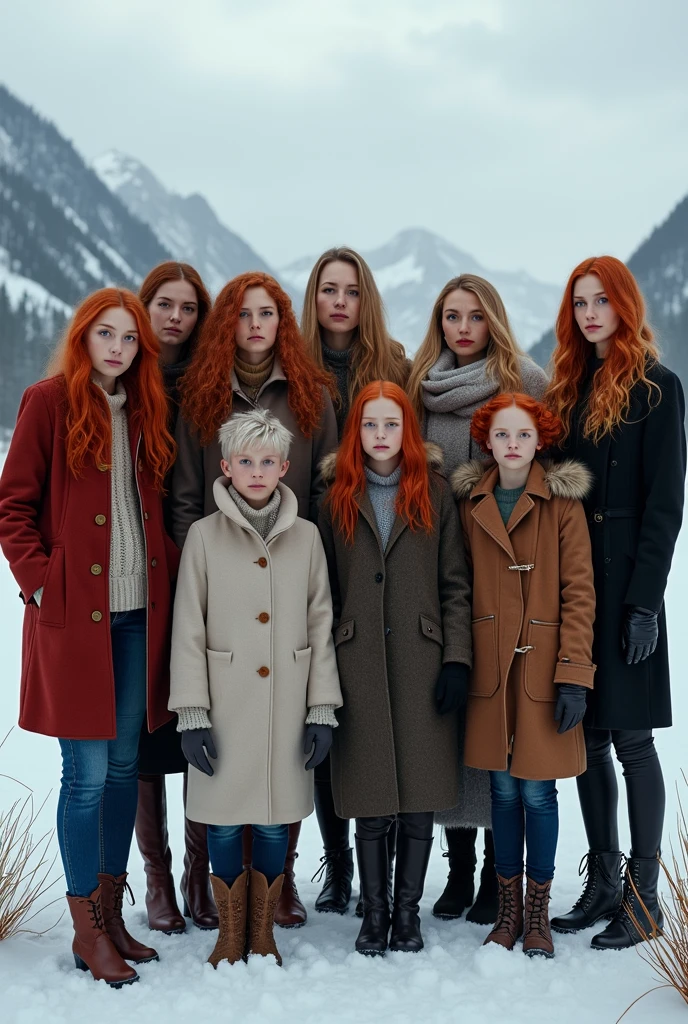 girls red-haired children WITH STRAIGHT HAIR, BACKGROUND blue peroil, ice very ice.