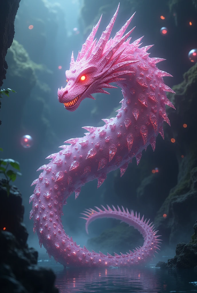 a large pink gum dragon with red eyes and pink scales sitting in a purple lake